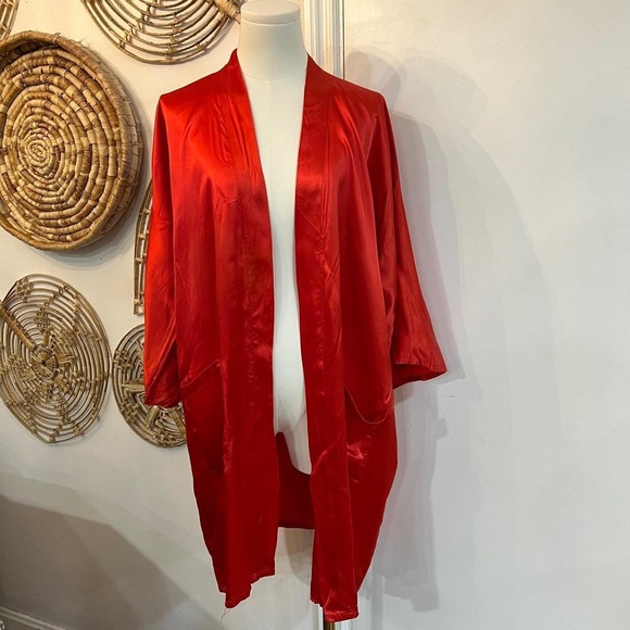 Vintage Dragon Phoenix Embroidered Kimono Robe Red Satin Asian Lounge OS - Picture 2 of 10